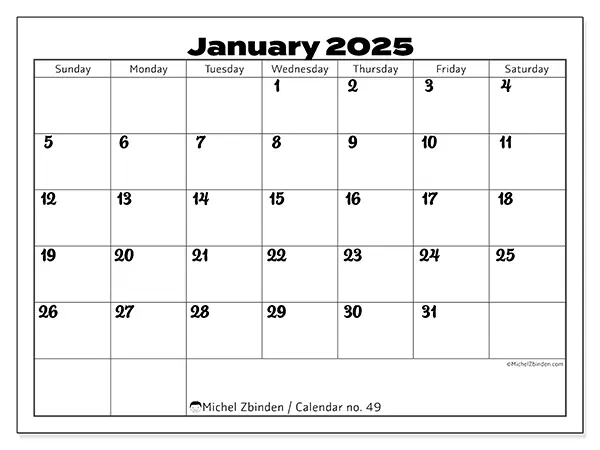Free printable calendar no. 49 for January 2025. Week: Sunday to Saturday.