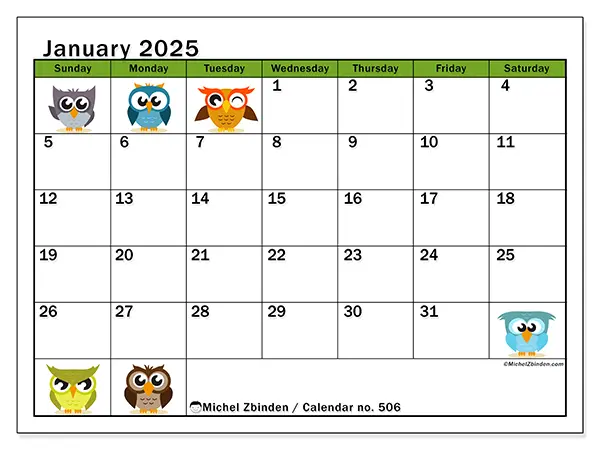 Free printable calendar no. 506 for January 2025. Week: Sunday to Saturday.