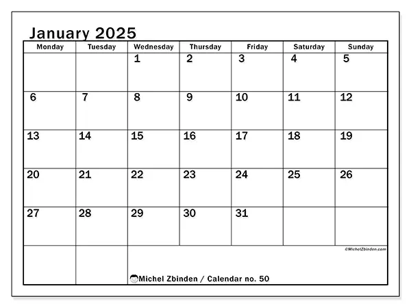 Free printable calendar no. 50 for January 2025. Week: Monday to Sunday.