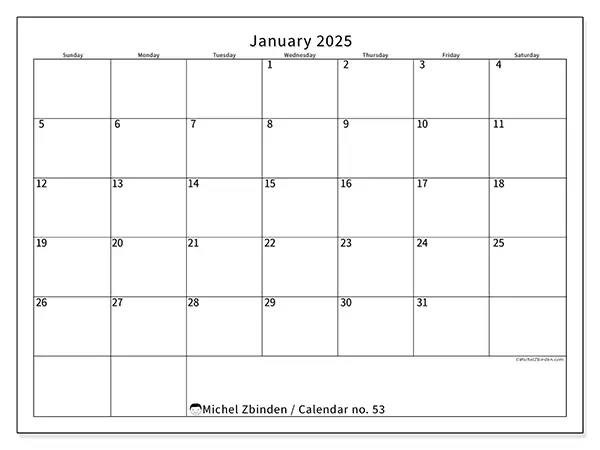 Free printable calendar no. 53 for January 2025. Week: Sunday to Saturday.