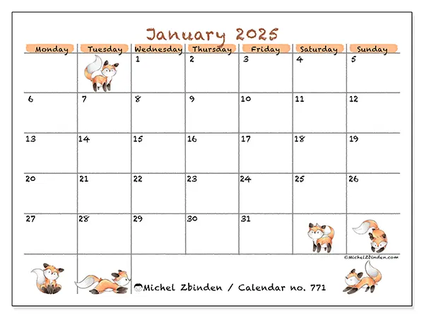 Free printable calendar no. 771 for January 2025. Week: Monday to Sunday.