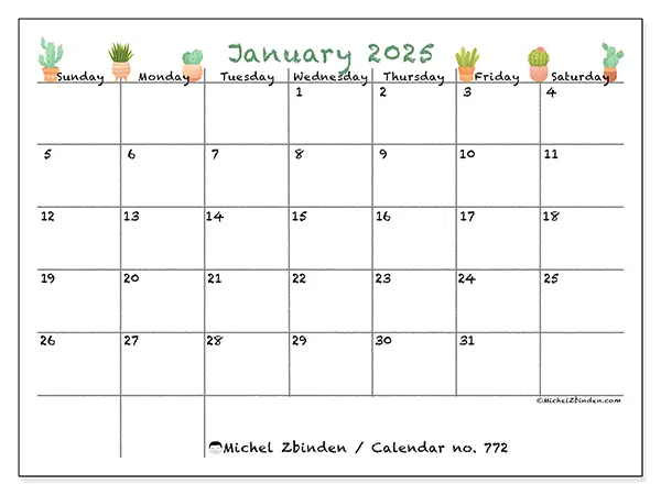Free printable calendar no. 772 for January 2025. Week: Sunday to Saturday.