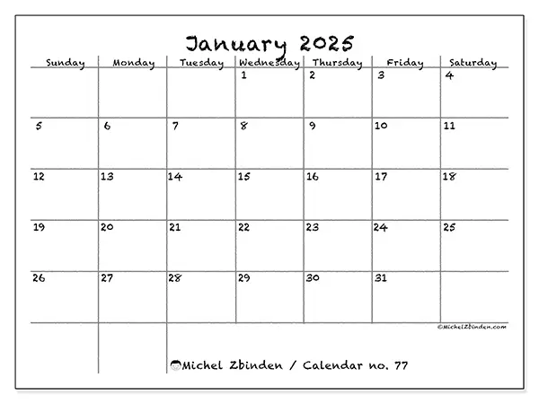 Free printable calendar no. 77 for January 2025. Week: Sunday to Saturday.