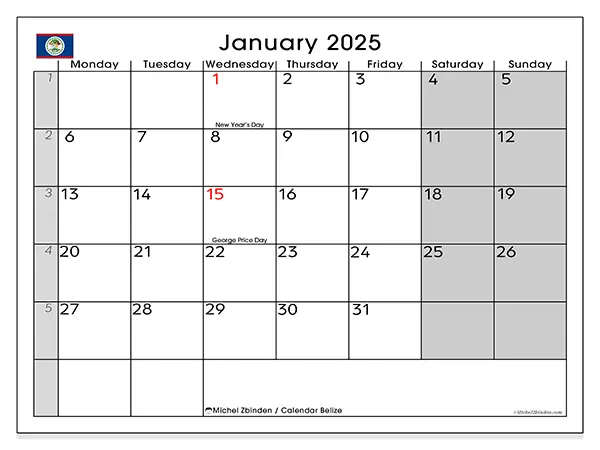 Free printable calendar Belize for January 2025. Week: Monday to Sunday.