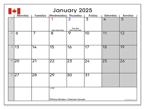 Free printable calendar Canada for January 2025. Week: Monday to Sunday.