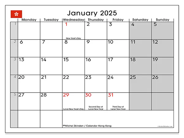 Free printable calendar Hong Kong for January 2025. Week: Monday to Sunday.