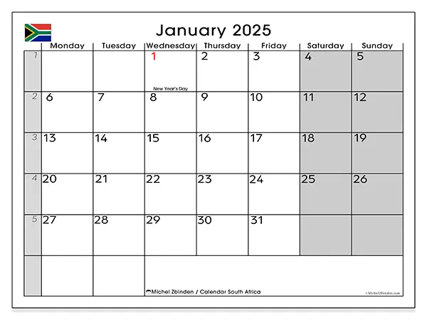Free printable calendar South Africa for January 2025. Week: Monday to Sunday.