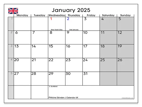 Free printable calendar UK for January 2025. Week: Monday to Sunday.