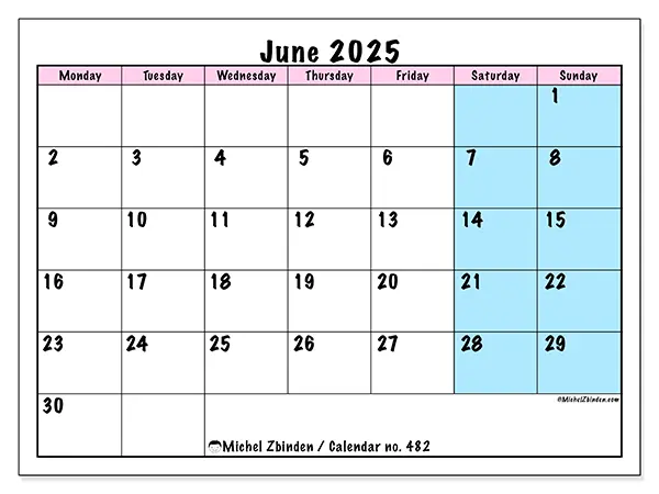 Free printable calendar no. 482, June 2025. Week:  Monday to Sunday