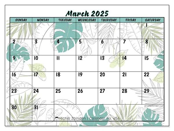 Free printable calendar n° 456, March 2025. Week:  Sunday to Saturday
