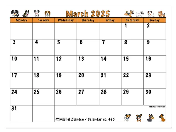 Printable calendar no. 485, March 2025