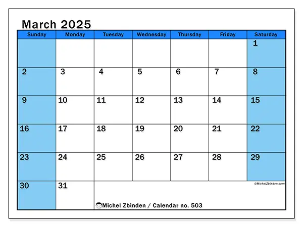 Free printable calendar no. 501, March 2025. Week:  Sunday to Saturday