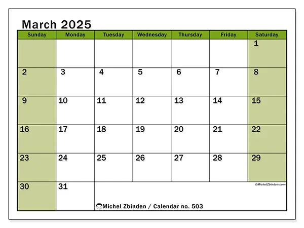 Free printable calendar no. 503 for March 2025. Week: Sunday to Saturday.