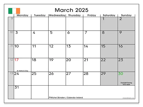 Free printable calendar Ireland for March 2025. Week: Monday to Sunday.
