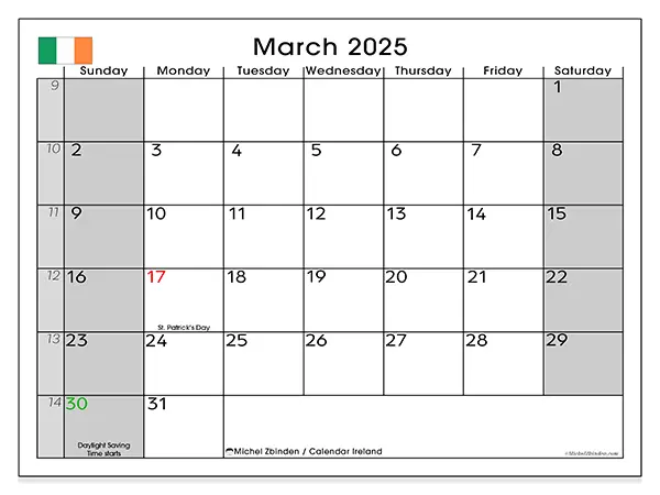 Free printable calendar Ireland for March 2025. Week: Sunday to Saturday.