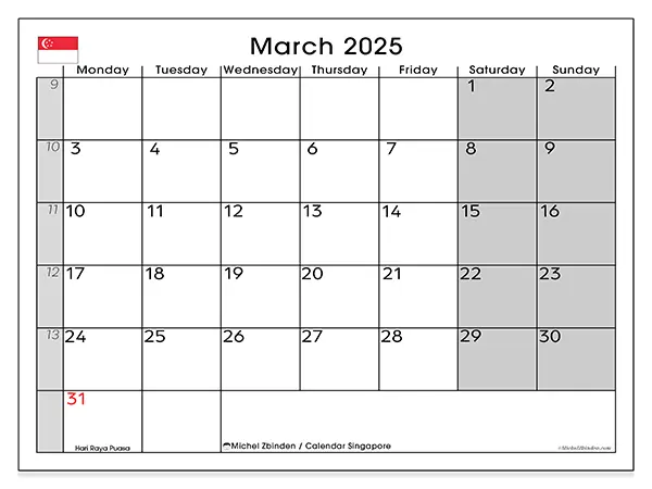 Free printable calendar Singapore for March 2025. Week: Monday to Sunday.