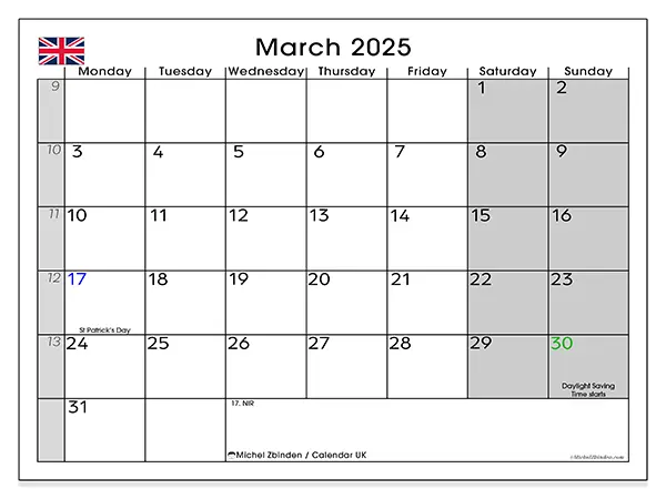 Free printable calendar UK for March 2025. Week: Monday to Sunday.