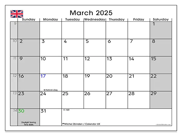 Free printable calendar UK for March 2025. Week: Sunday to Saturday.