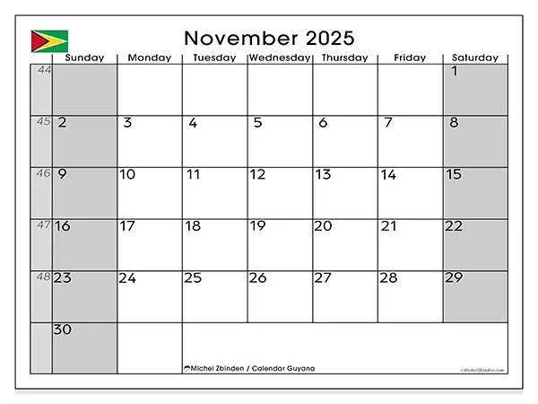 Free printable calendar Guyana, November 2025. Week:  Sunday to Saturday