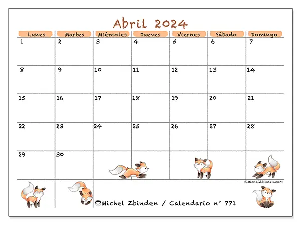 Calendario n.° 771 para imprimir gratis, abril 2025. Semana:  De lunes a domingo