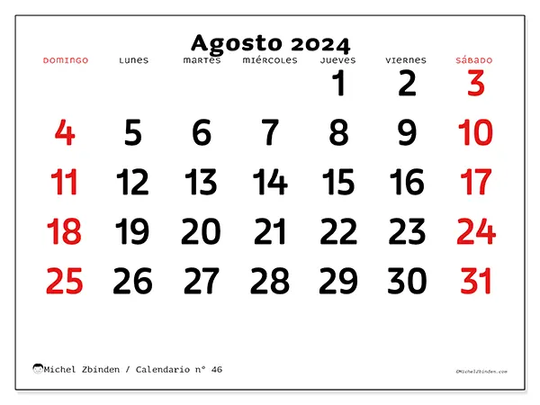 Calendario para imprimir n° 46, agosto de 2024
