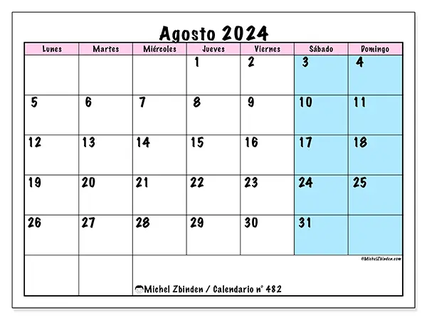 Calendario n.° 482 para imprimir gratis, agosto 2025. Semana:  De lunes a domingo
