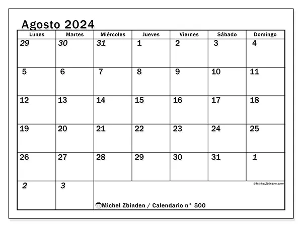 Calendario n.° 500 para agosto de 2024 para imprimir gratis. Semana: De lunes a domingo.