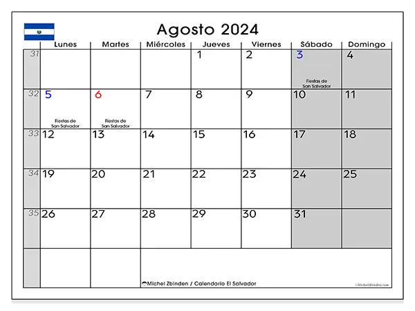 Calendario El Salvador para imprimir gratis de agosto de 2024. Semana: De lunes a domingo.