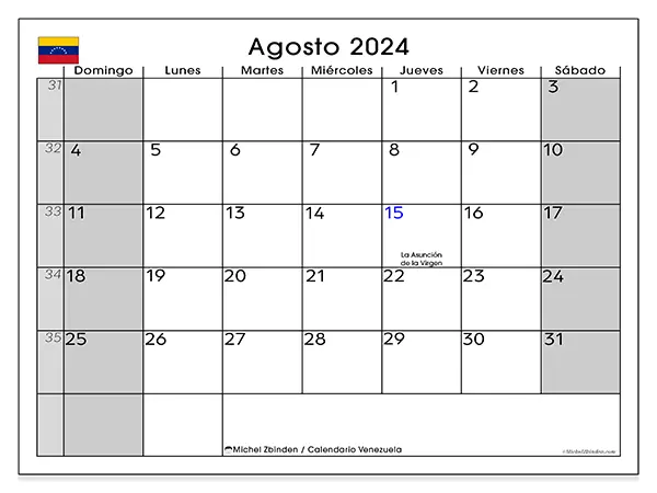 Calendario Venezuela para imprimir gratis de agosto de 2024. Semana: De domingo a sábado.