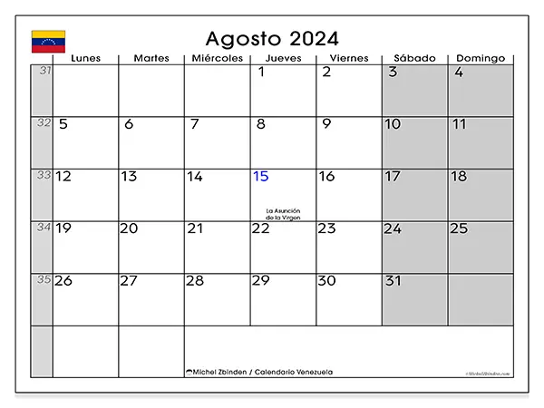 Calendario Venezuela para imprimir gratis de agosto de 2024. Semana: De lunes a domingo.