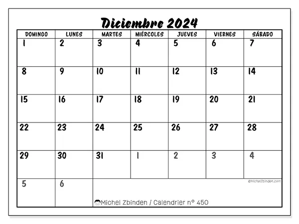 Calendario para imprimir n° 450, diciembre de 2024