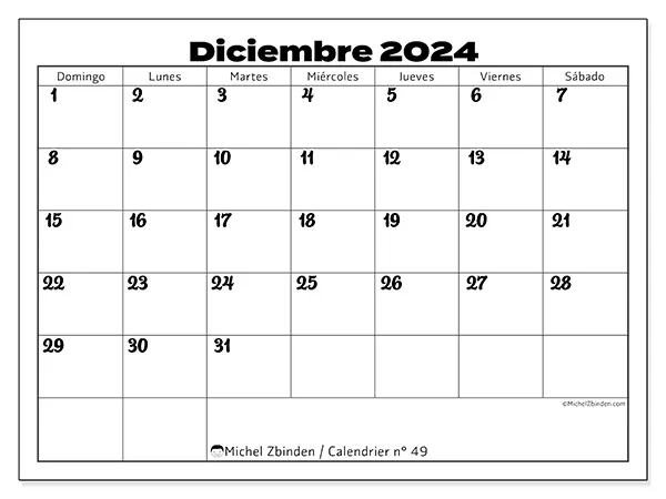Calendario n.° 49 para diciembre de 2024 para imprimir gratis. Semana: De domingo a sábado.