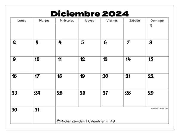 Calendario n.° 49 para diciembre de 2024 para imprimir gratis. Semana: De lunes a domingo.