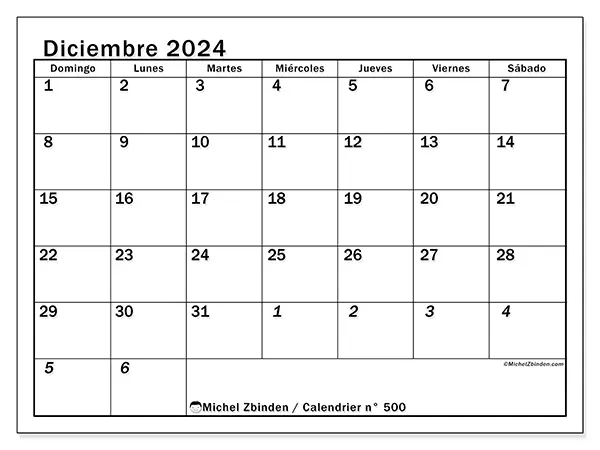 Calendario n.° 500 para diciembre de 2024 para imprimir gratis. Semana: De domingo a sábado.