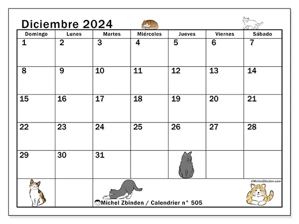 Calendario n.° 505 para diciembre de 2024 para imprimir gratis. Semana: De domingo a sábado.