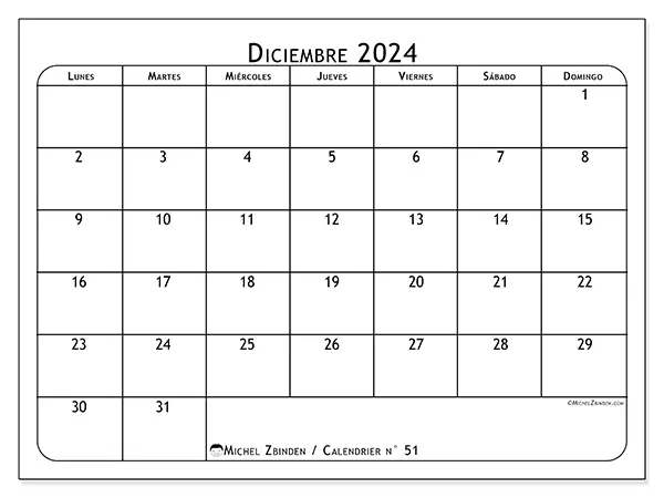Calendario n.° 51 para diciembre de 2024 para imprimir gratis. Semana: De lunes a domingo.