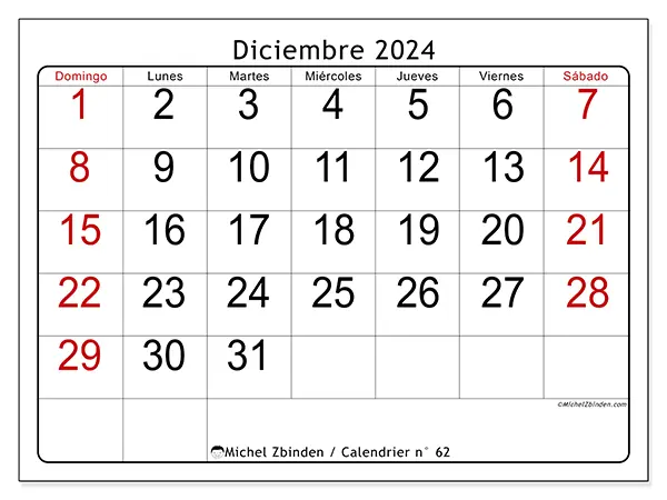 Calendario n.° 62 para diciembre de 2024 para imprimir gratis. Semana: De domingo a sábado.