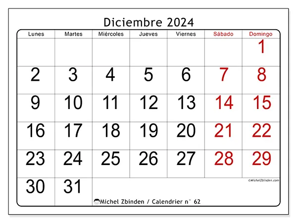 Calendario n.° 62 para diciembre de 2024 para imprimir gratis. Semana: De lunes a domingo.