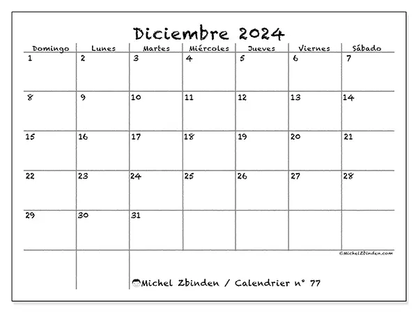 Calendario n.° 77 para diciembre de 2024 para imprimir gratis. Semana: De domingo a sábado.