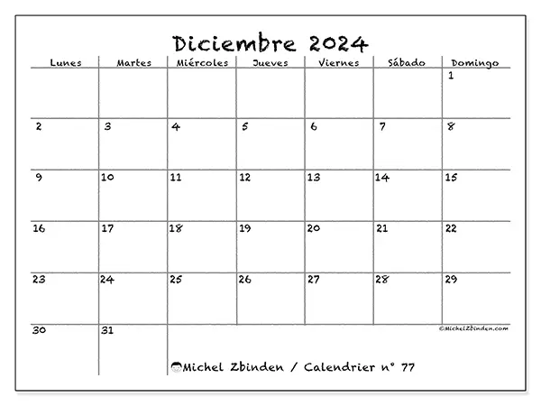 Calendario para imprimir n° 77, diciembre de 2024