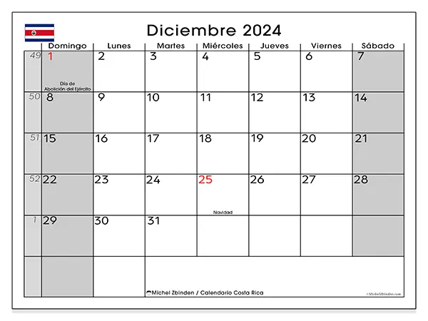 Calendario Costa Rica para imprimir gratis de diciembre de 2024. Semana: De domingo a sábado.