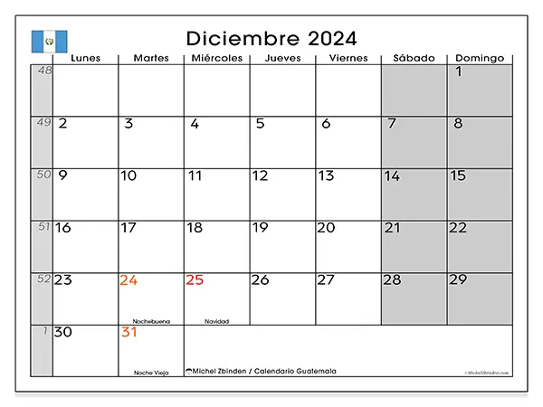 Calendario Guatemala para imprimir gratis de diciembre de 2024. Semana: De lunes a domingo.