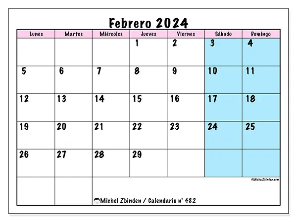 Calendario n.° 482 para imprimir gratis, febrero 2025. Semana:  De lunes a domingo