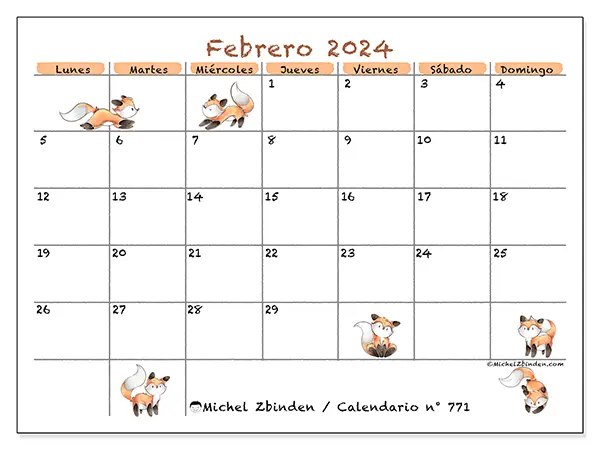 Calendario n.° 771 para imprimir gratis, febrero 2025. Semana:  De lunes a domingo