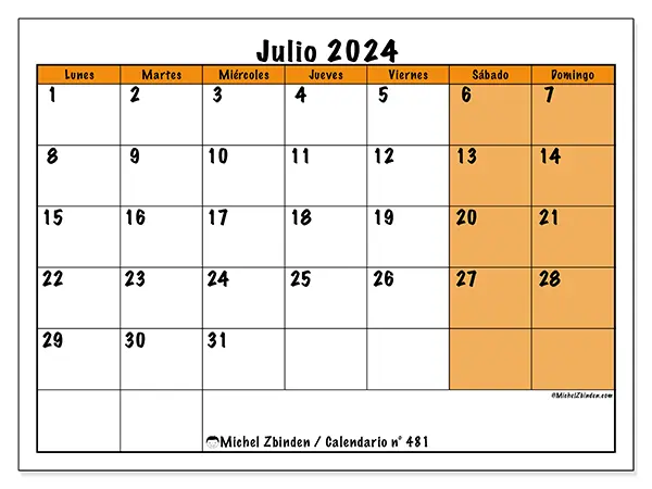 Calendario para imprimir n° 481, julio de 2024