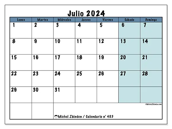 Calendario para imprimir n° 483, julio de 2024