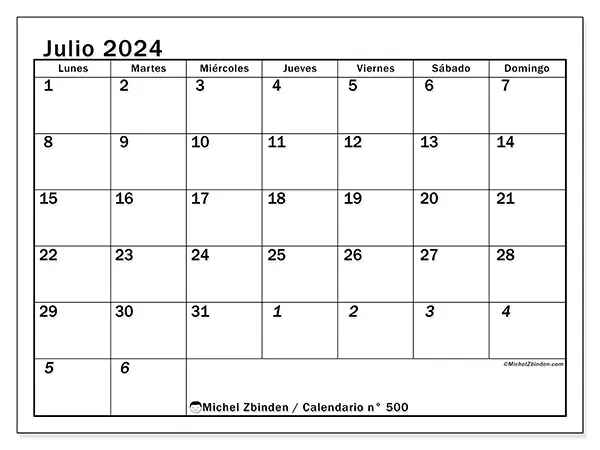 Calendario para imprimir n° 500, julio de 2024