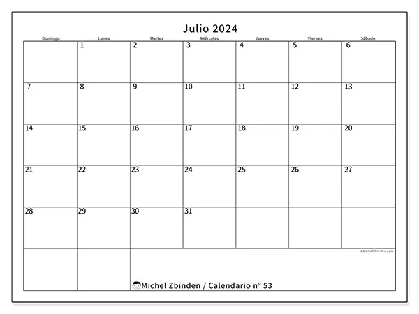 Calendario n.° 53 para julio de 2024 para imprimir gratis. Semana: De domingo a sábado.