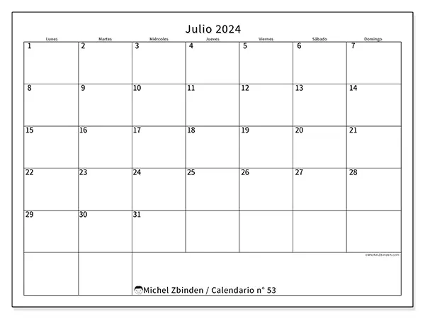 Calendario n.° 53 para julio de 2024 para imprimir gratis. Semana: De lunes a domingo.