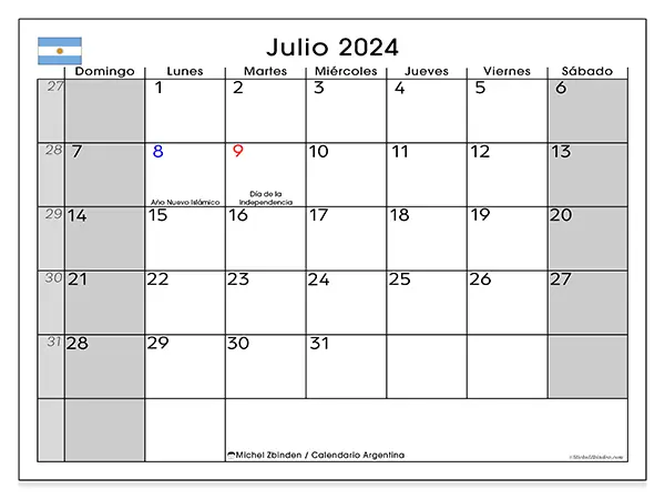 Calendario Argentina para imprimir gratis de julio de 2024. Semana: De domingo a sábado.